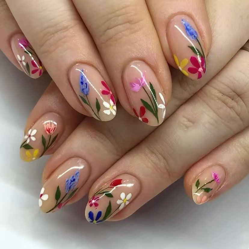 Pressed Flower Art - 24 шт., простые миндалевидные ногти, свежий