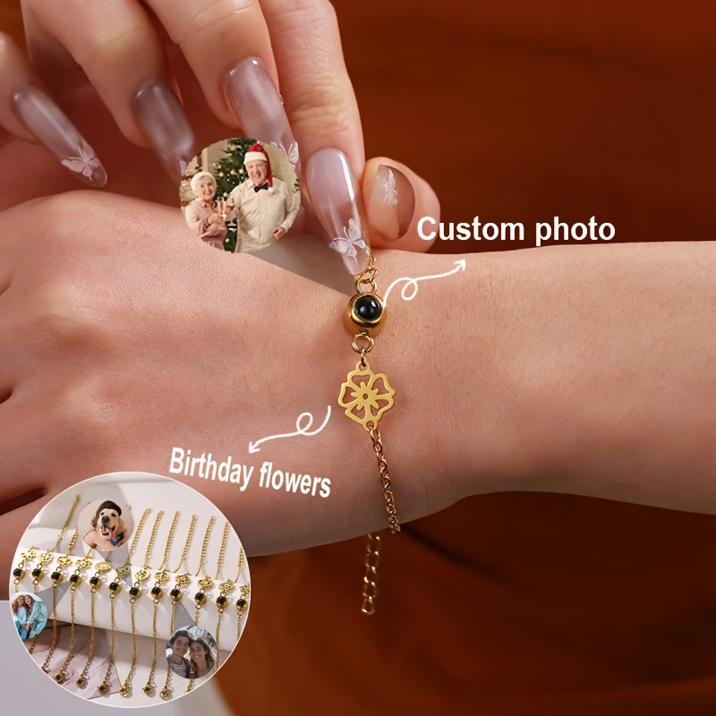 Birth Flower Necklace - Браслет с индивидуальной фотопечатью, цепочка из
